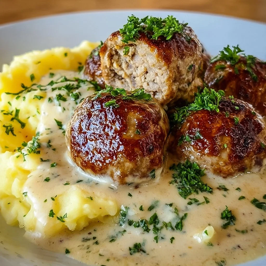 Hackbällchen in cremiger Sauce mit Kartoffelpüree