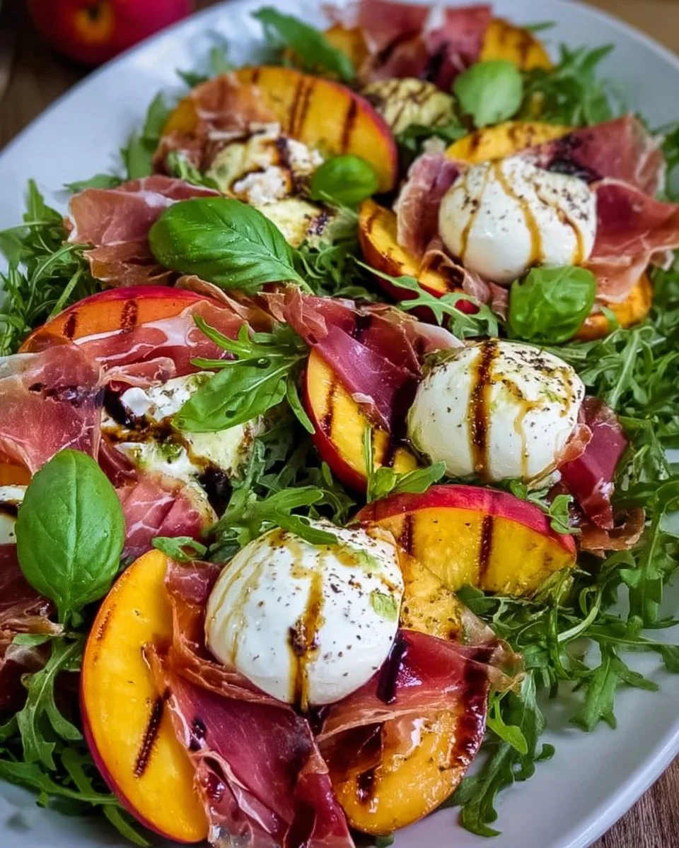Gegrillter Pfirsichsalat mit Burrata und Serrano-Schinken