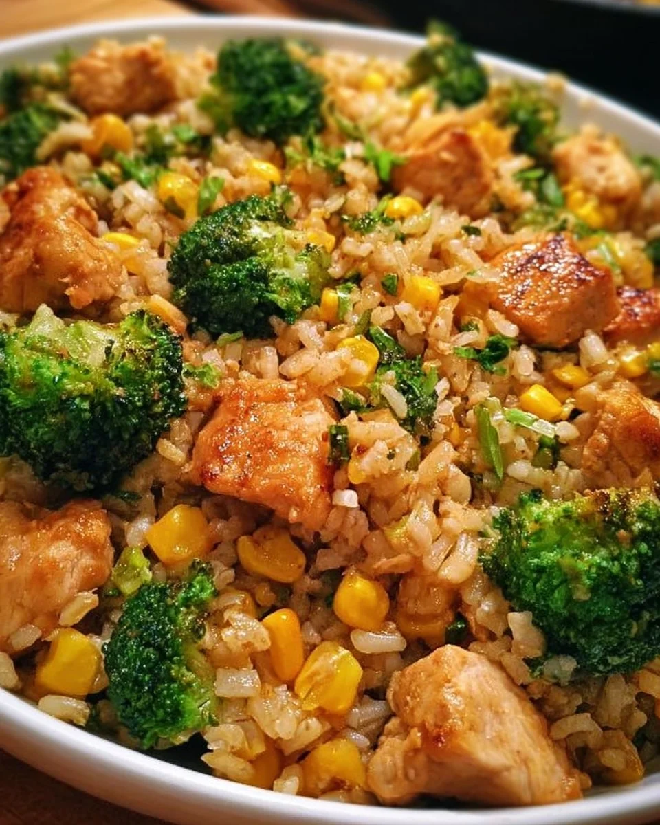 Hähnchen-Reis-Pfanne mit Brokkoli und Mais