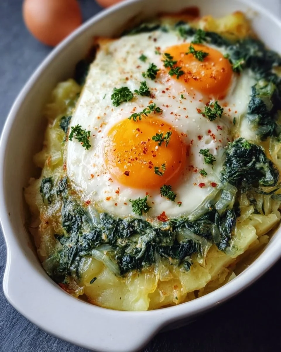 Kartoffel Spinat Auflauf mit Spiegelei