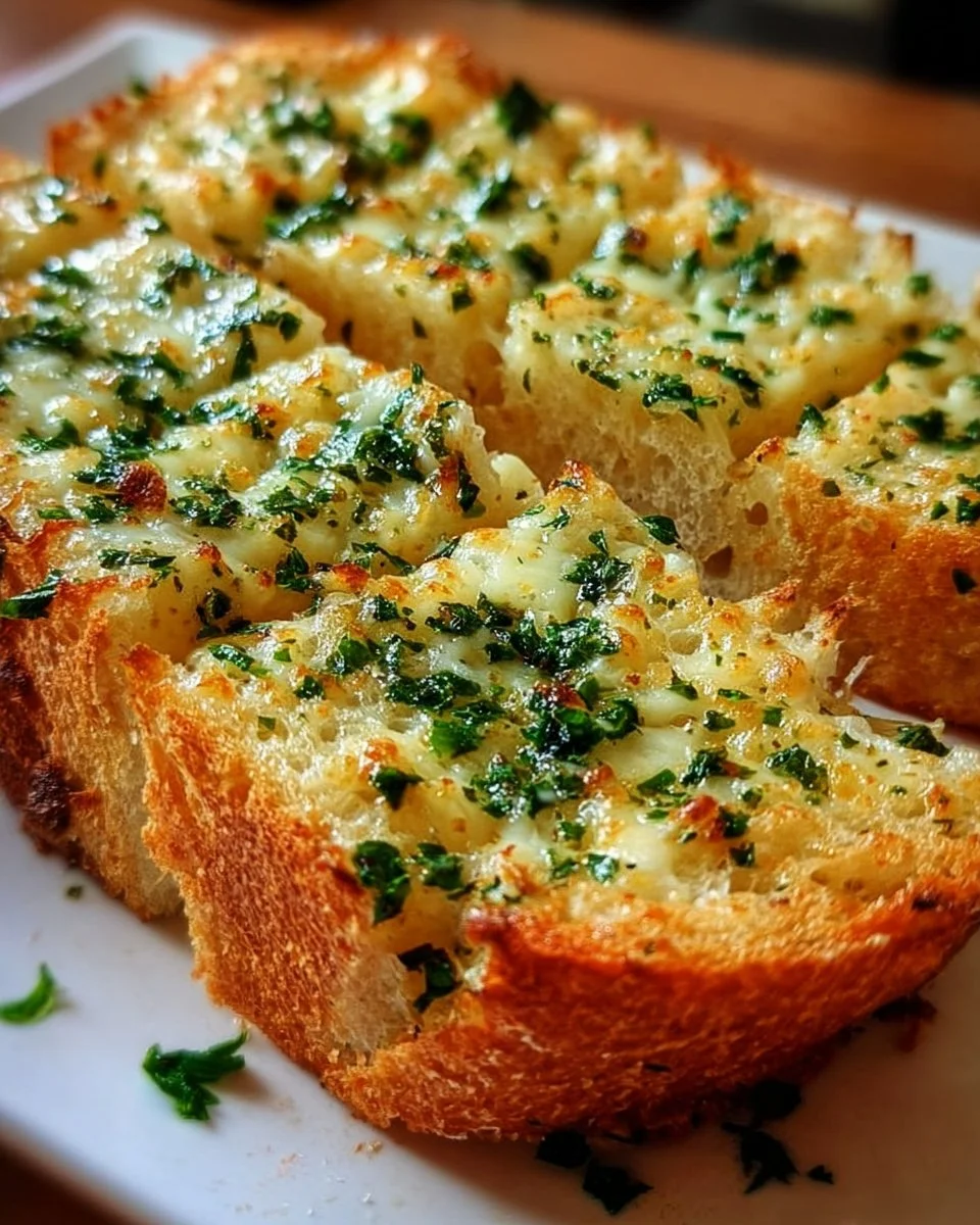 Käse Knoblauch Brot frisch aus dem Ofen, goldbraun und knusprig.