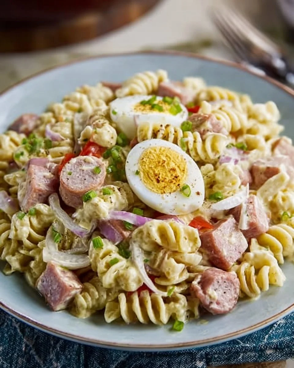 Klassischer Nudelsalat mit Fleischwurst und Ei