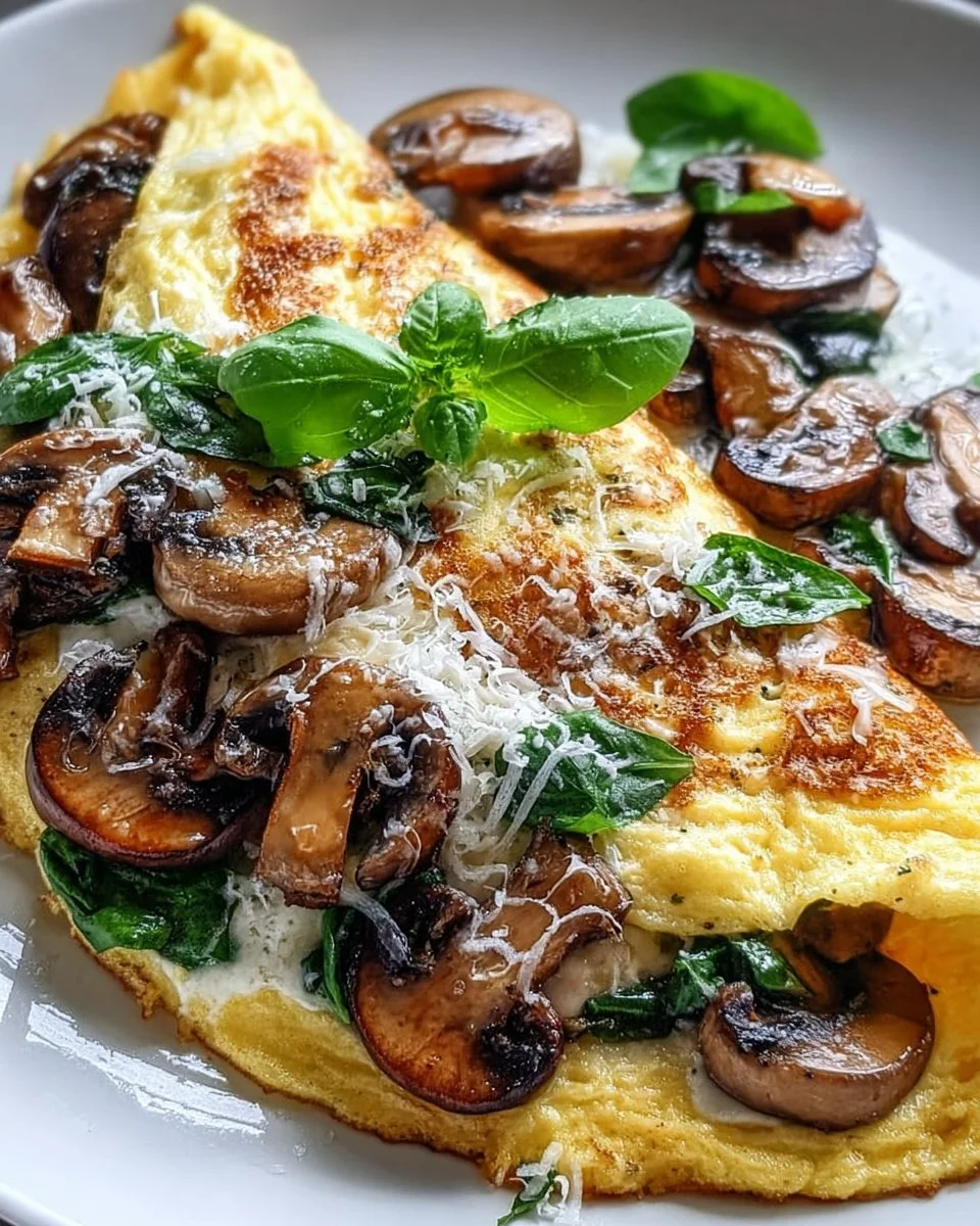 Nahrhaftes Omelett mit Pilzen und Basilikum