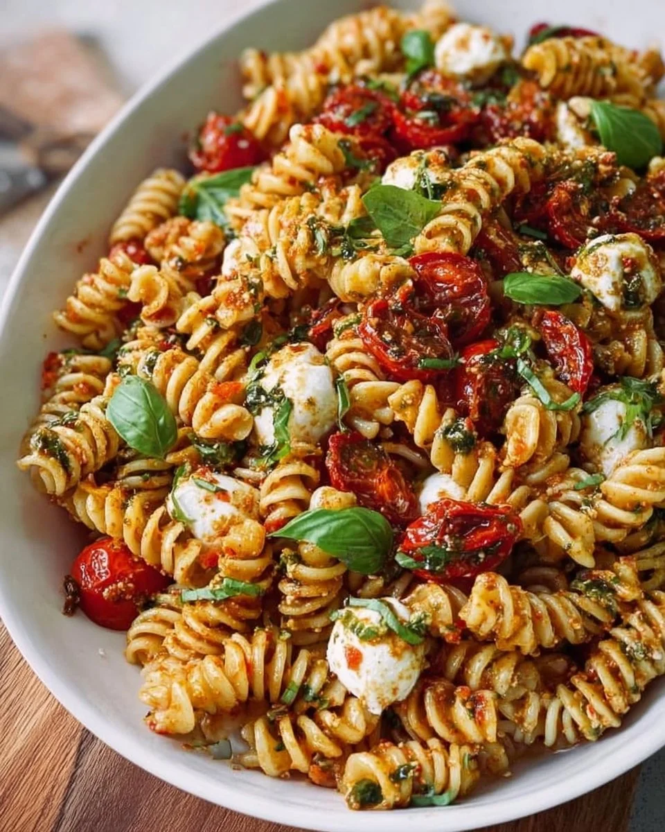 Nudelsalat mit rotem Pesto