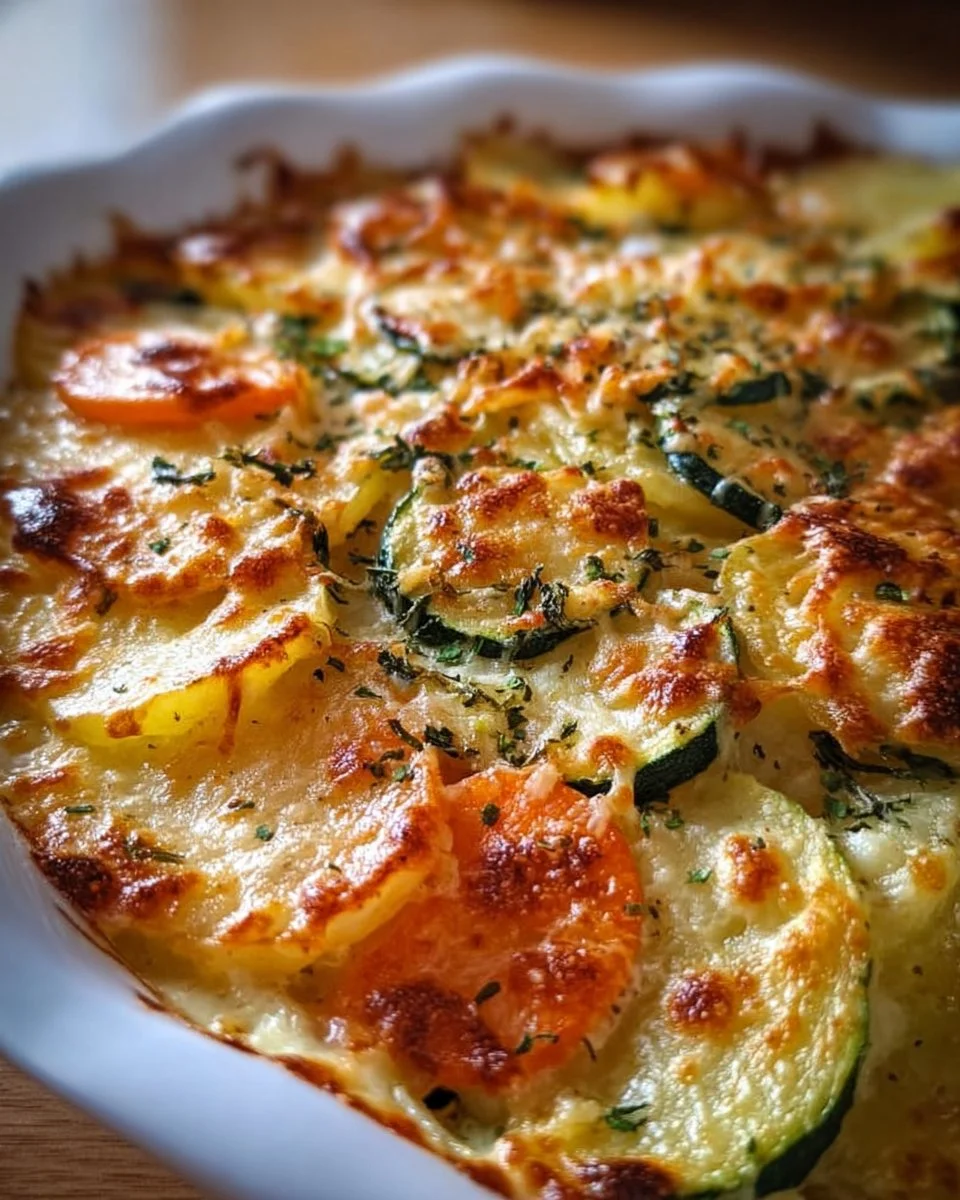 Vegetarian Potato Casserole with Zucchini, Carrots, and Onions