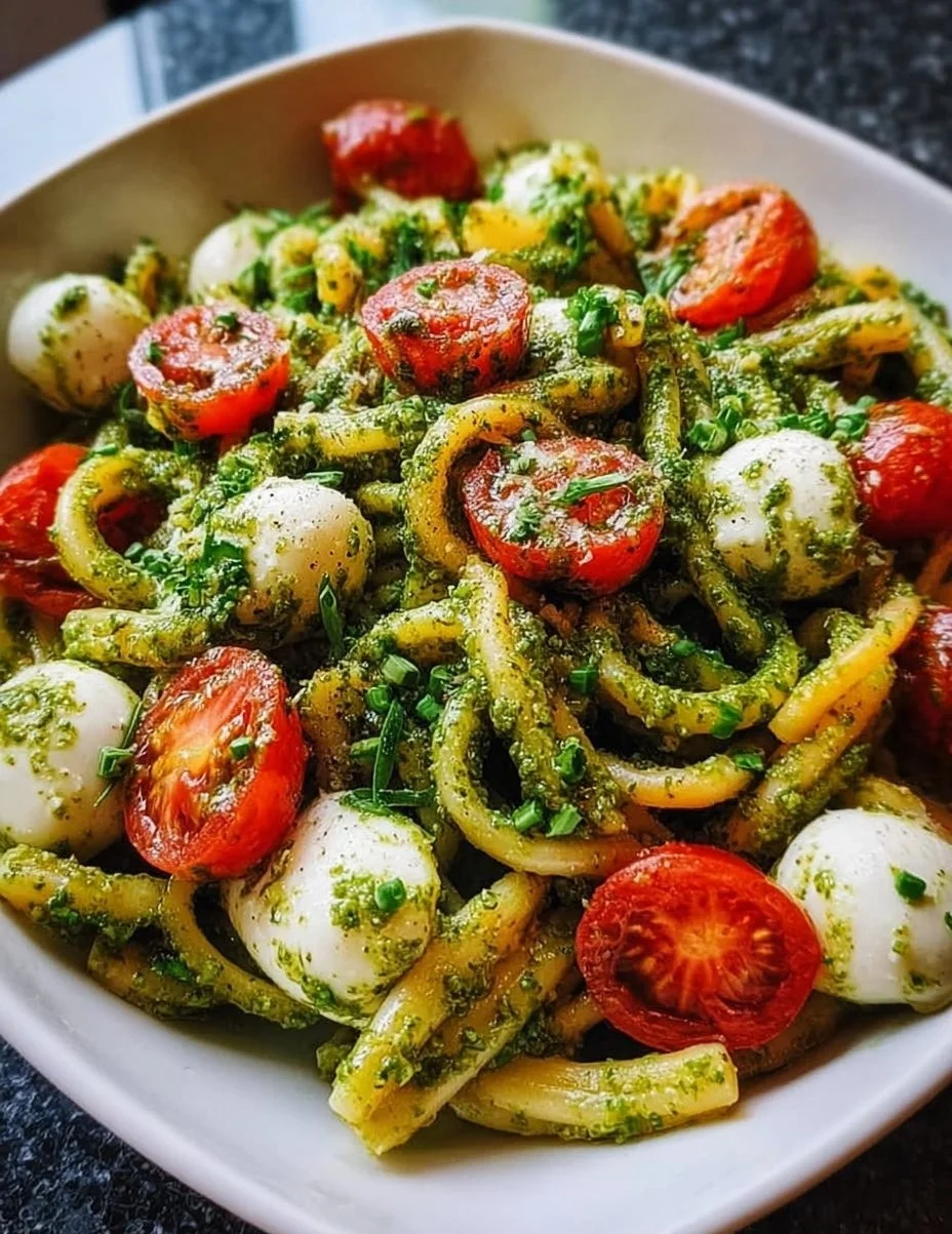 Bärlauch-Pesto-Nudeln mit Kirschtomaten und Mozzarella