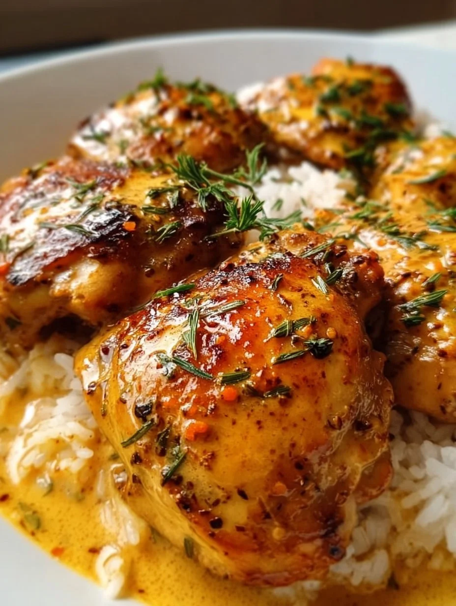 Cremige Paprika-Hühnchenschenkel mit Reis genießen