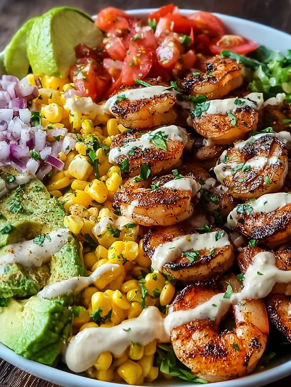 Gegrillte Garnelen Bowl mit Avocado-Mais-Salsa und cremiger Sauce