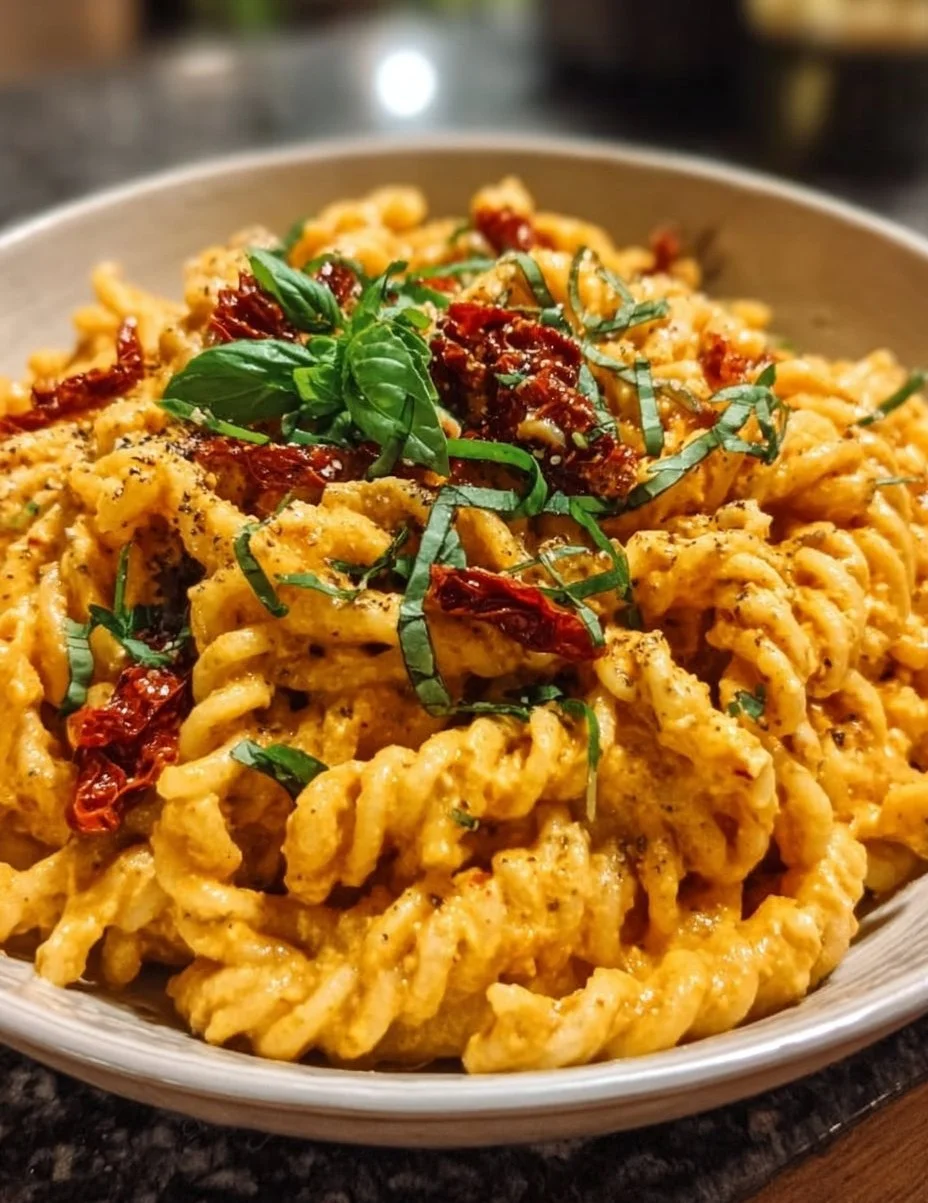 Vegane cremige Pasta mit sonnengetrockneten Tomaten