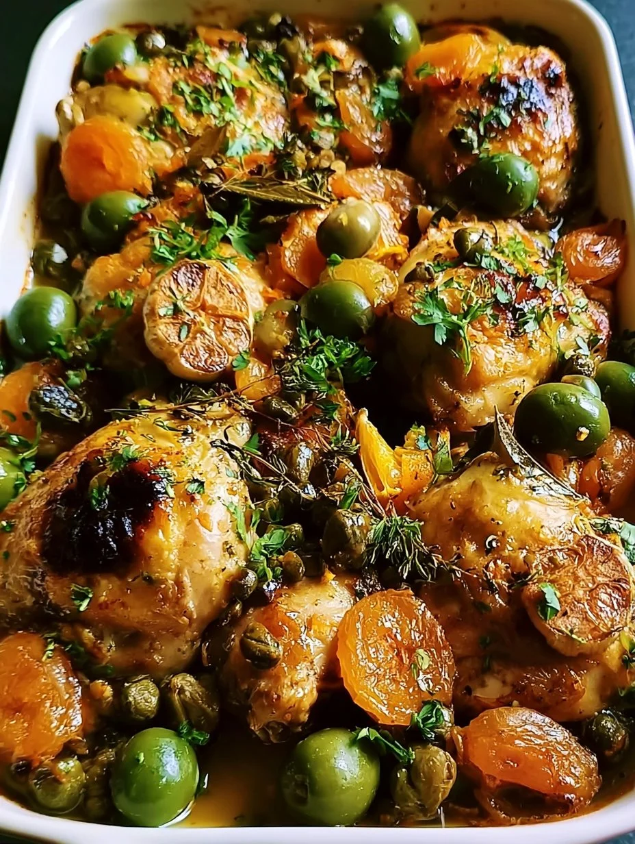 Aprikosen Hähnchen mit Kapern und grünen Oliven