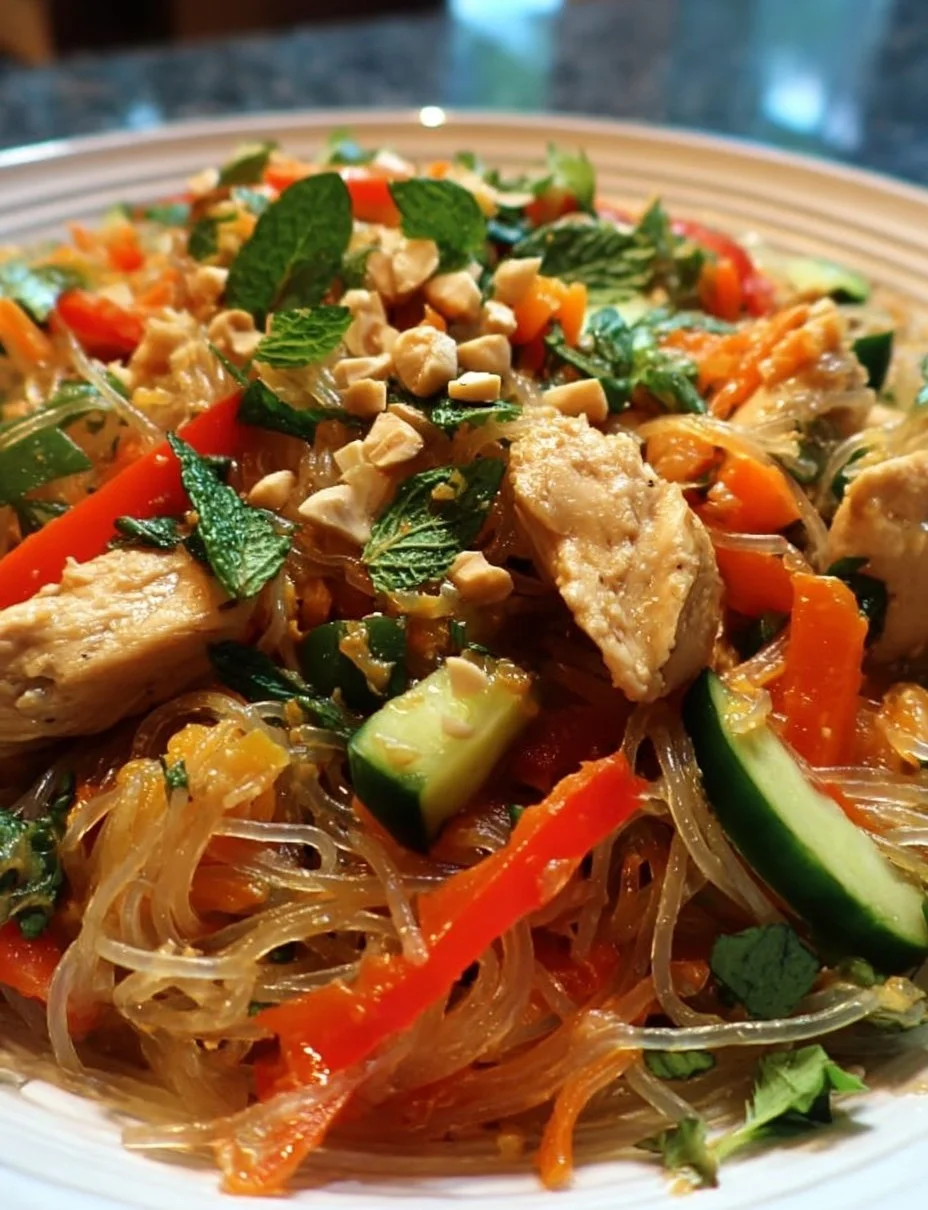 Lauwarmer Glasnudelsalat mit Erdnusshähnchen