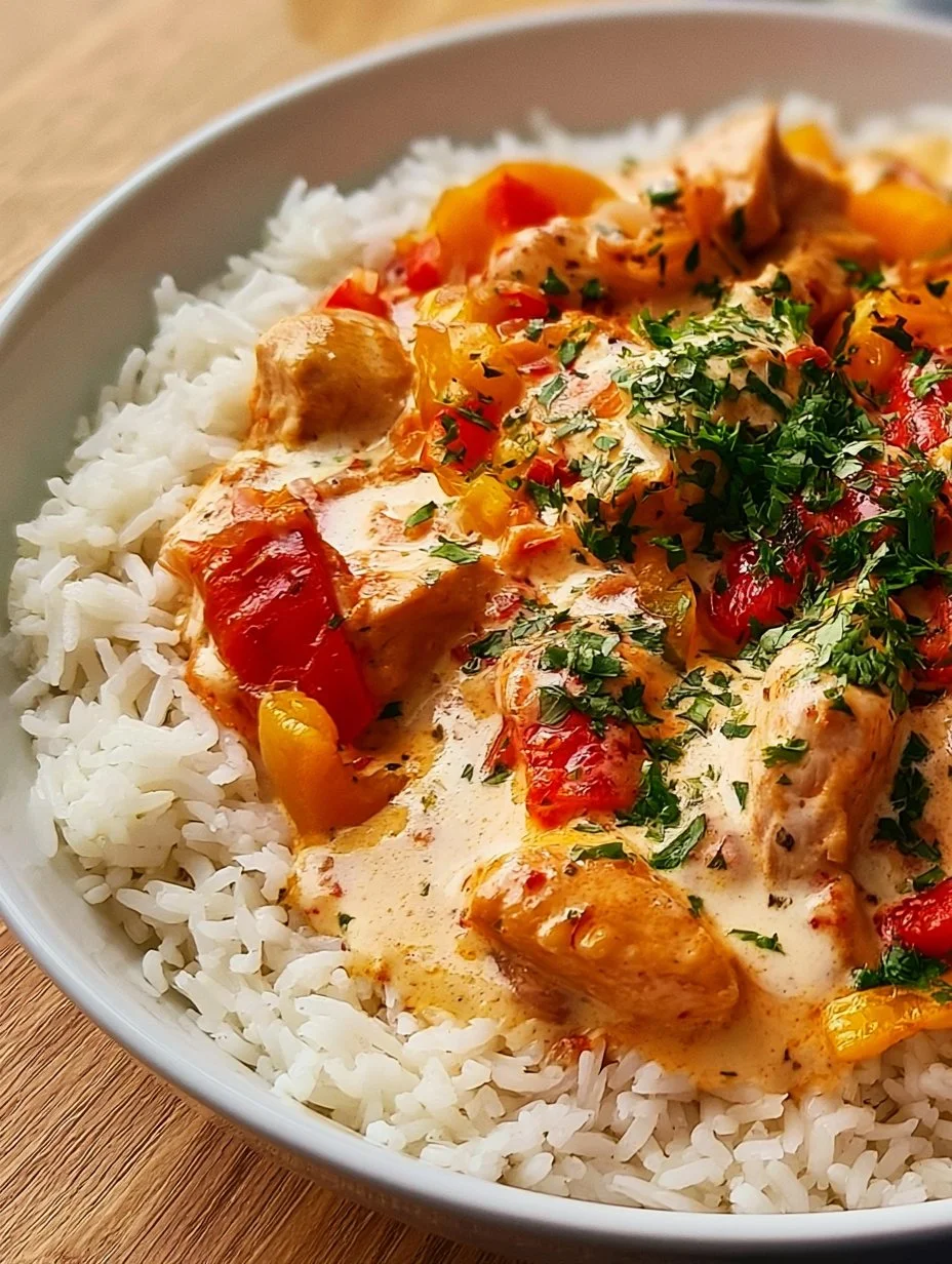 Puten Rahm Geschnetzeltes mit Paprika und Reis