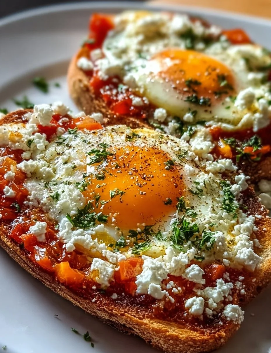 Shakshouka-Toast mit Feta und Spiegeleiern