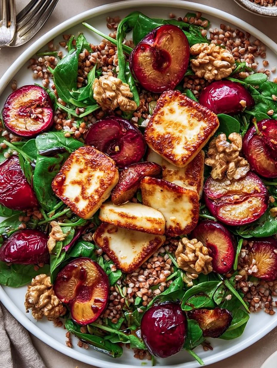 Spätsommersalat mit gerösteten Pflaumen und Halloumi