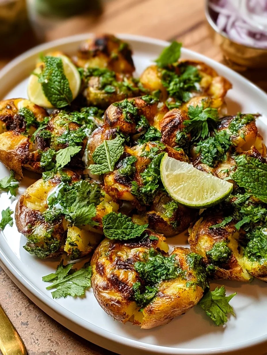 Zerdrückte Kartoffeln mit grünem Pesto