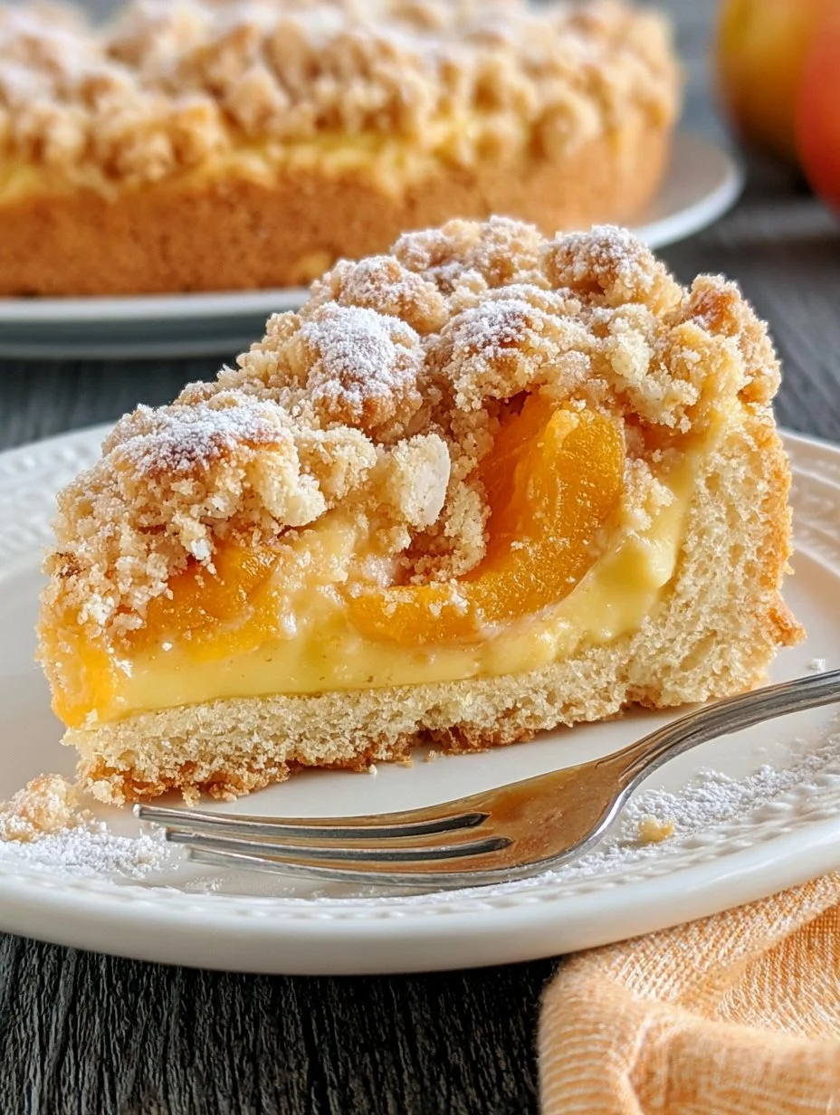 Aprikosenkuchen mit Pudding und Streusel
