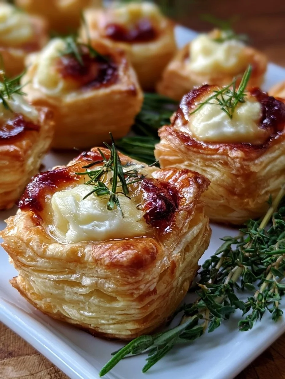 Blätterteig-Häppchen mit Camembert auf einem Teller serviert