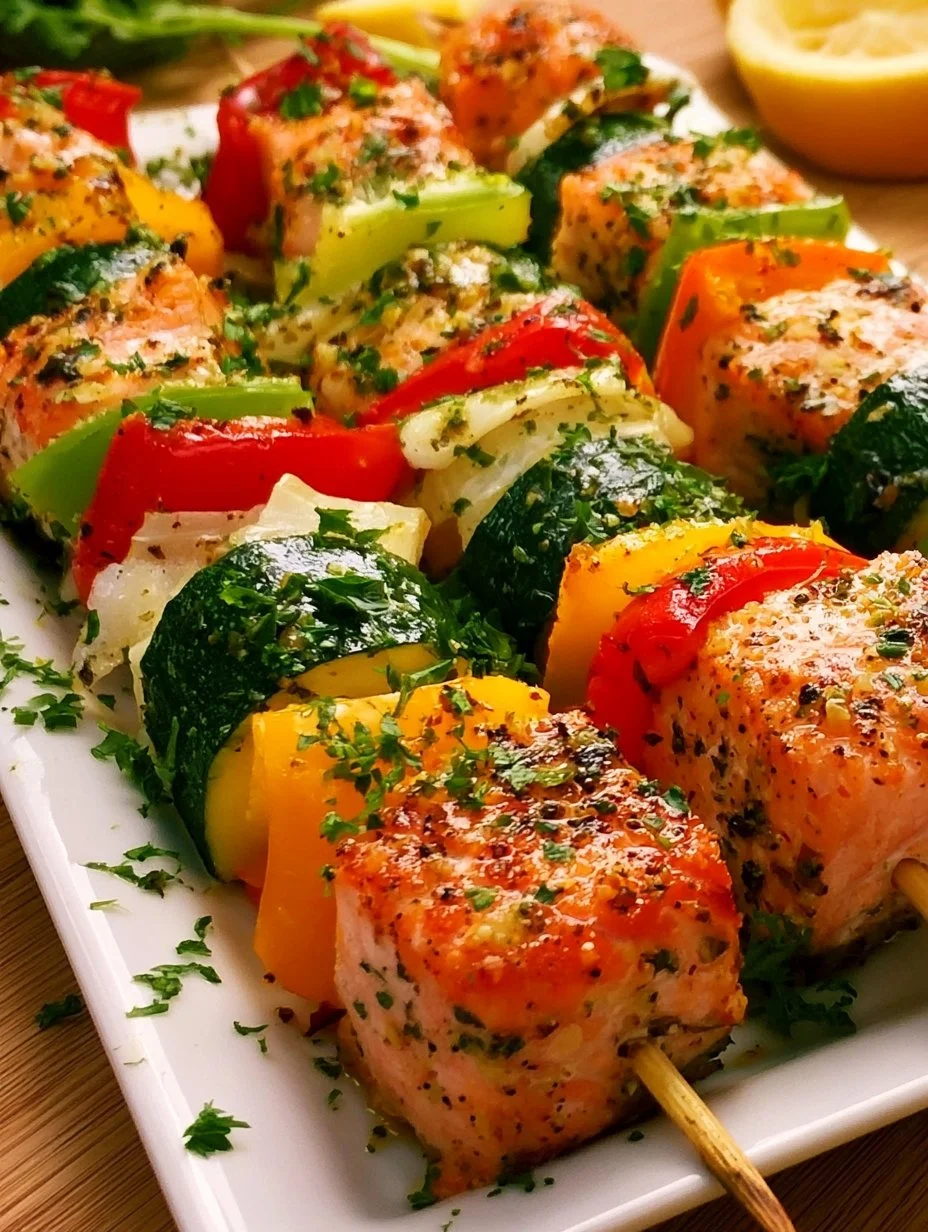 Bunte Lachs-Spieße mit Gemüse