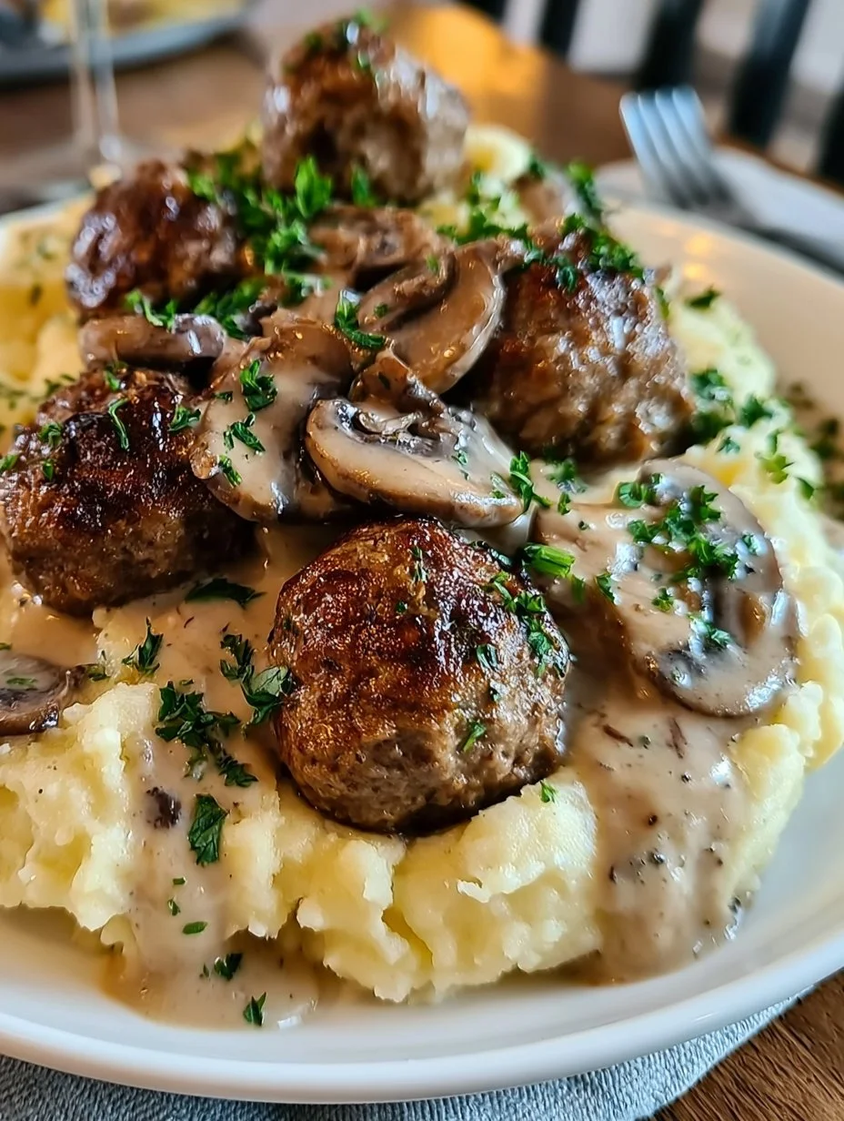 Fleischbällchen mit Kartoffelpüree und Champignonrahmsauce