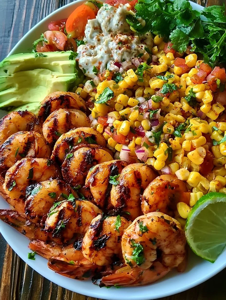 Gegrillte Garnelen Bowl mit Avocado-Mais-Salsa
