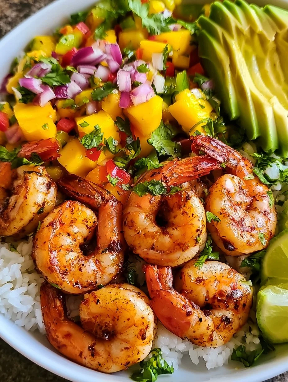 Pikante Garnelen und Mango Salsa Reisbowl