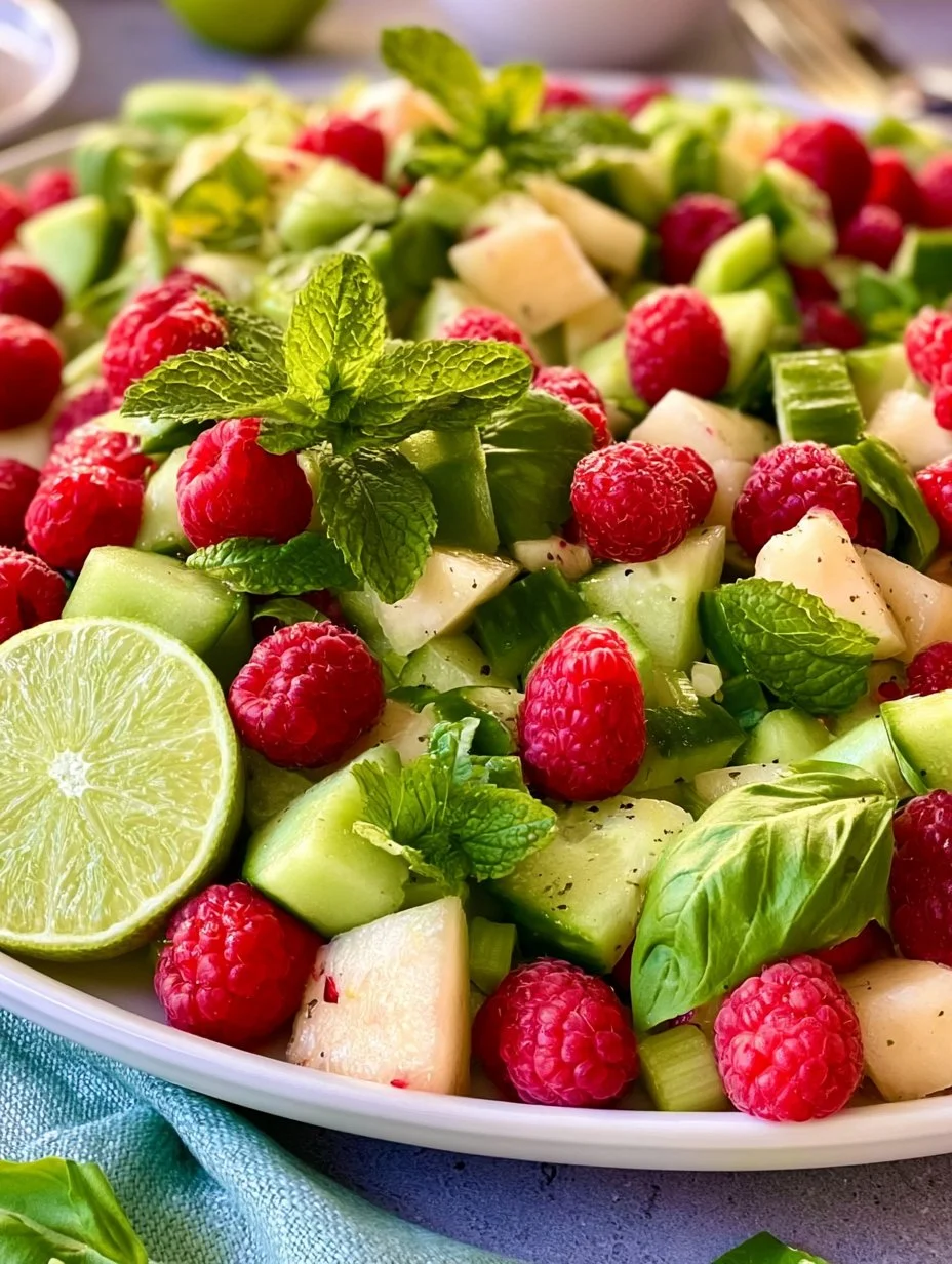 Sommersalat mit Melone, Gurke und Himbeeren