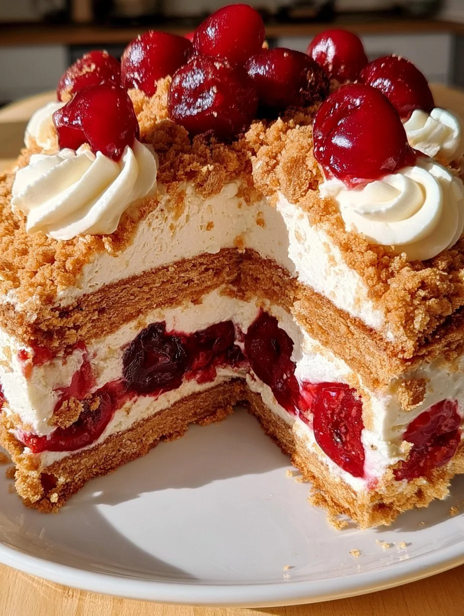 Spekulatius Kirsch Sahnetorte mit Sahne und Kirschen garniert