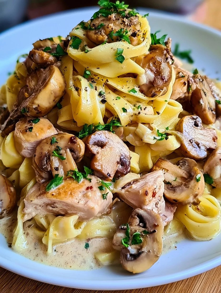 Tagliatelle with mushrooms and chicken in cream sauce