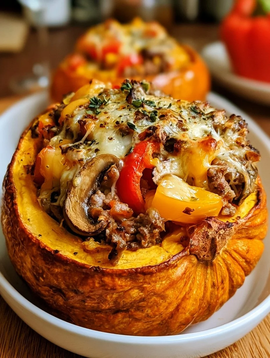 Gefüllter Kürbis mit Fleisch, Champignons, Paprika und Käse aus dem Ofen