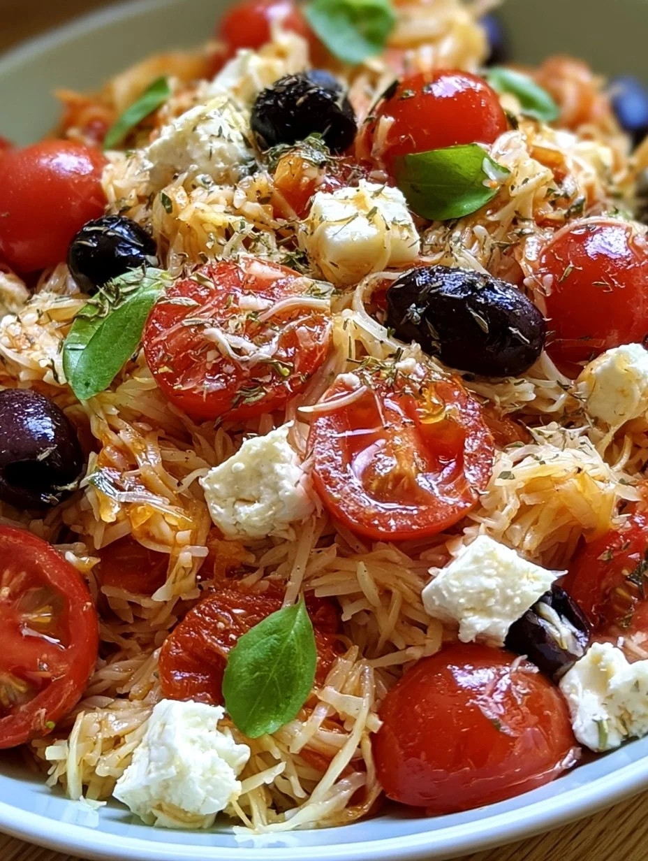 Griechische Reisnudeln mit Tomaten, Feta und Oliven