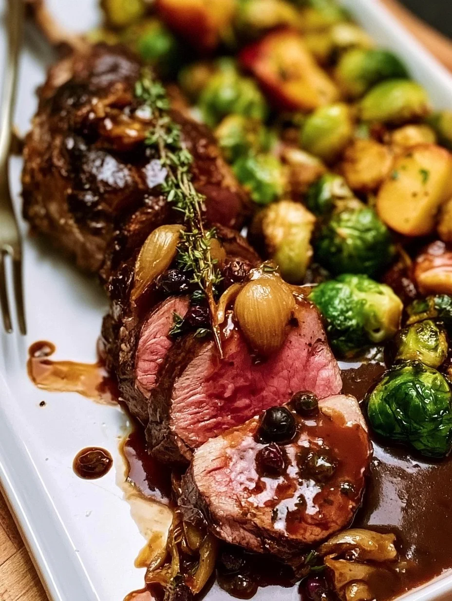 Zwiebelrehbraten mit Wacholder- Gin-Sauce und Rosenkohl-Apfel-Pfanne